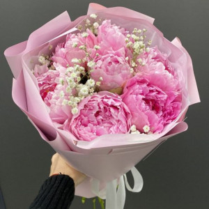 Букет 7 розовых пионов с гипсофилой